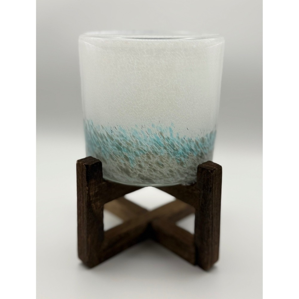 Frosted Ombre Glass Vessel with Wooden X-Base Stand White Blue Coastal Decor - Picture 2 of 4